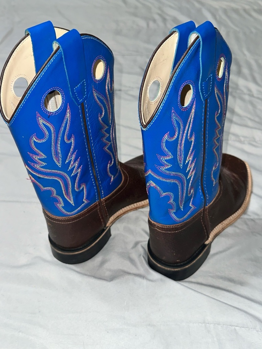 Old West Boys Big Kid Sz 5 Embroidered Cowboy Boots Western BrownBlue Square Toe - Picture 3 of 14
